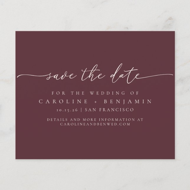 Budget Minimal Burgundy Script Hochzeitdatum Geret (Vorderseite)