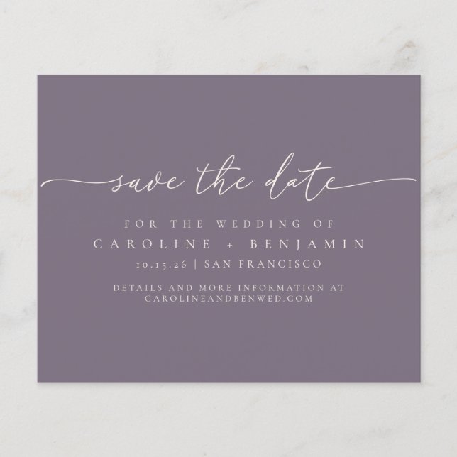 Budget Minimal dunkle Lila Schrift Save the Date (Vorderseite)