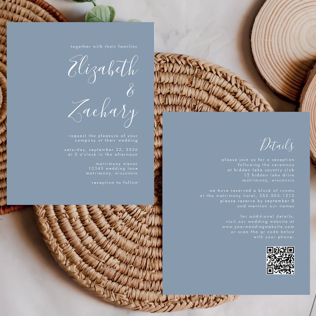 Budget Minimal Dusty Blue QR Code Hochzeit einlade (Von Creator hochgeladen)