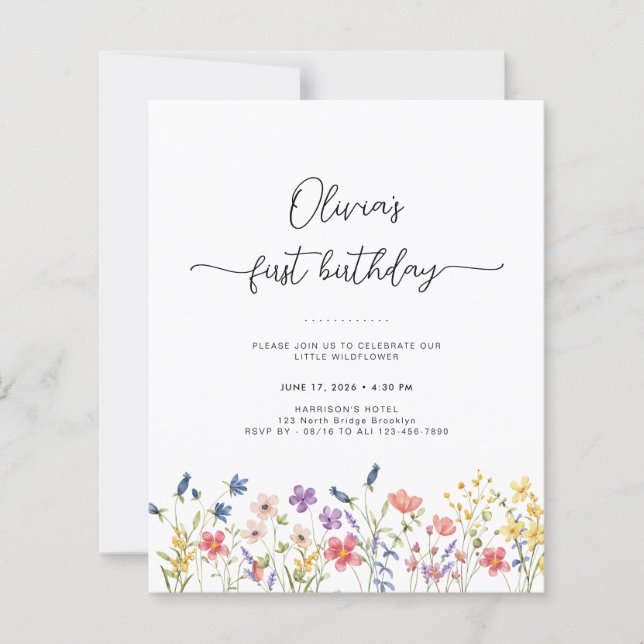 Budget Minimal Floral First Birthday Invitation (Vorderseite)