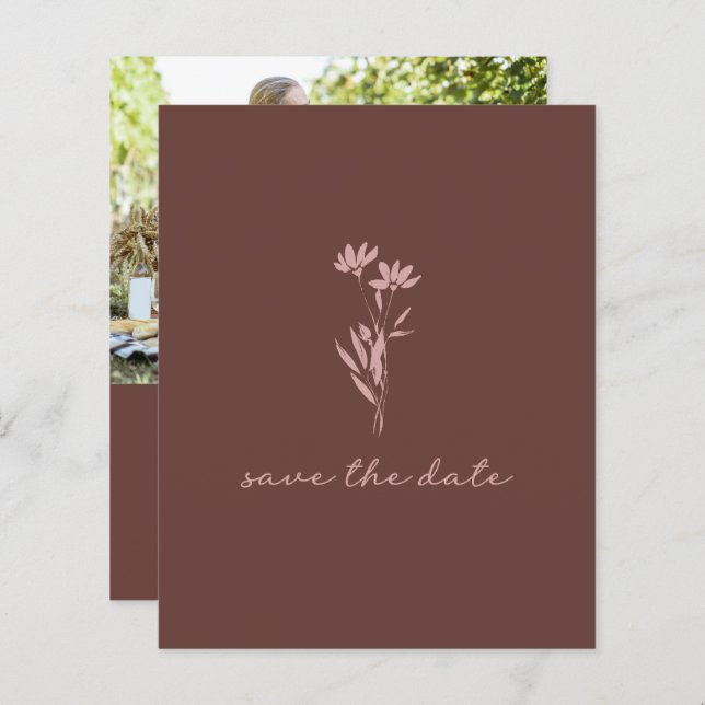Budget Minimal florales braunes Foto Save the Date (Vorne/Hinten)