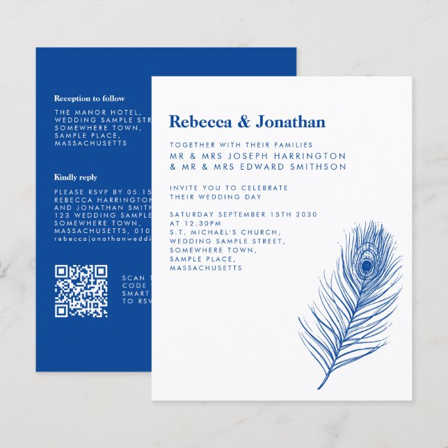 Budget Minimal Peacock Feather Blue Wedding Einlad (Vorne/Hinten)