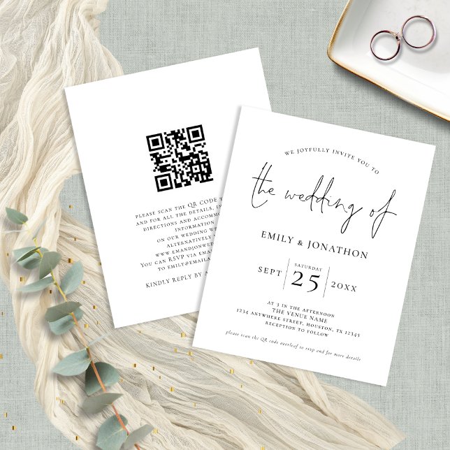 Budget Minimal QR Code Schwarz-weiße Hochzeitseinl (Front and back view)