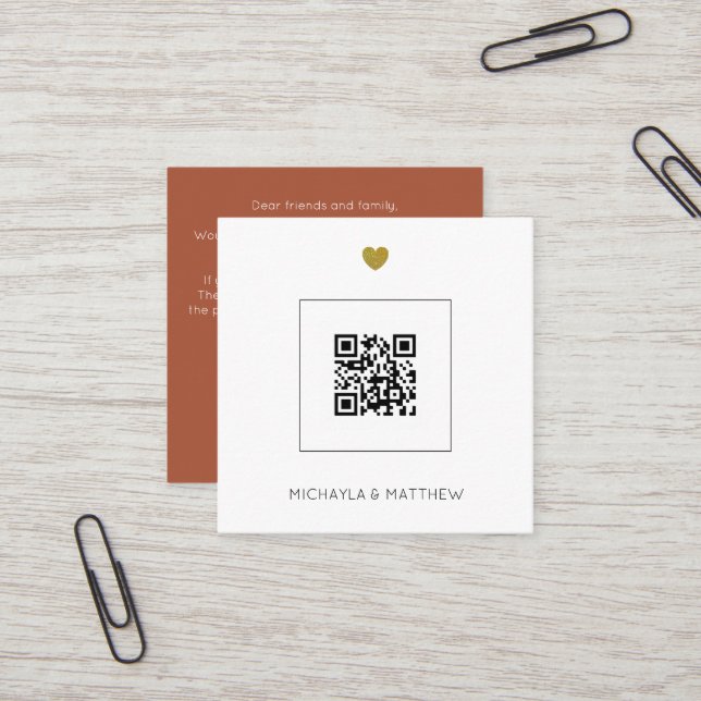 Budget Minimal QR Code Terracotta Wedding Einladun Quadratische Visitenkarte (Vorderseite/Rückseite Beispiel)