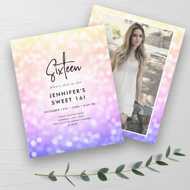 Budget Minimal Rainbow Foto Sweet 16 Einladung (Budget Minimal Rainbow Photo Sweet 16 Invite)