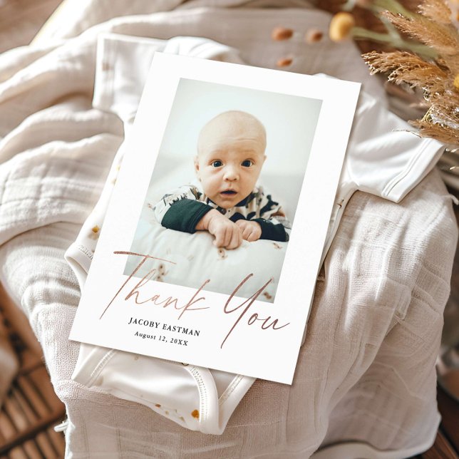 Budget Minimal Script Foto Baby Danke Karte (Elegant rose gold budget baby photo thank you card.)
