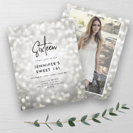 Budget Minimal Silver Glam Foto Sweet 16 Einladung