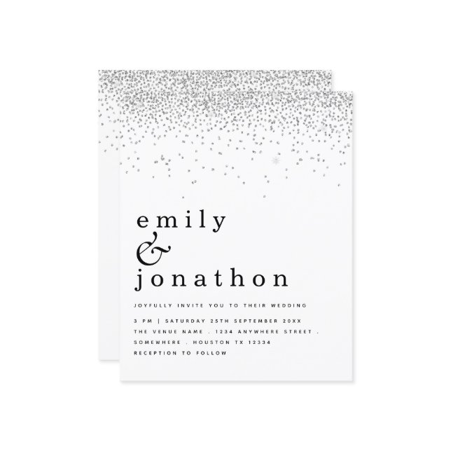Budget Minimal Silver Glitzer Einladung Hochzeit (Vorderseite/Rückseite Beispiel)