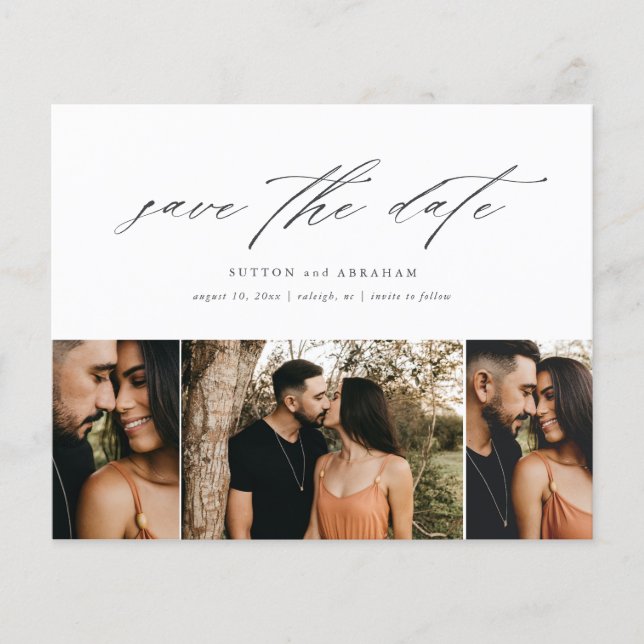 Budget Minimales Script 3-Foto Save the Date Flyer (Vorne)