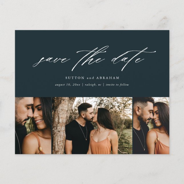 Budget Minimales Script 3-Foto Save the Date Flyer (Vorne)
