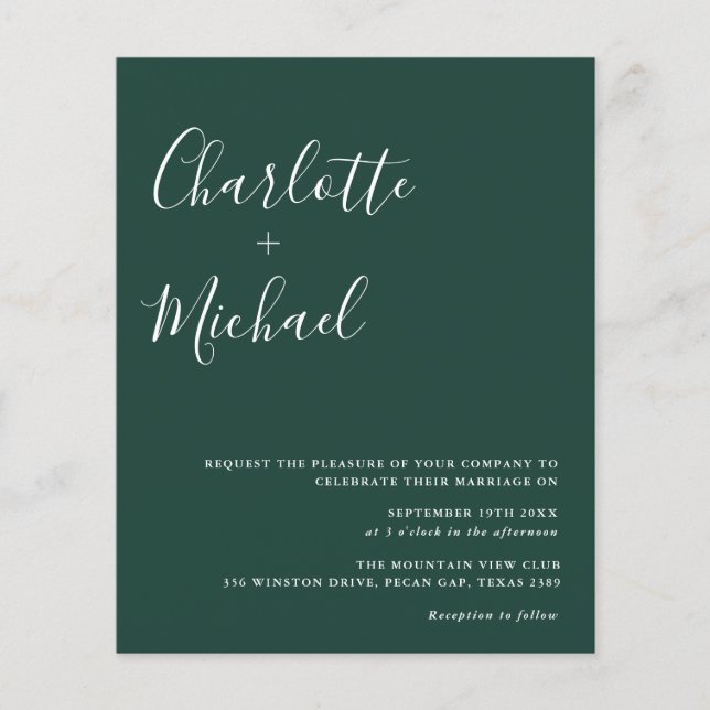 Budget Minimalistisch Emerald Green Wedding Einlad (Vorderseite)