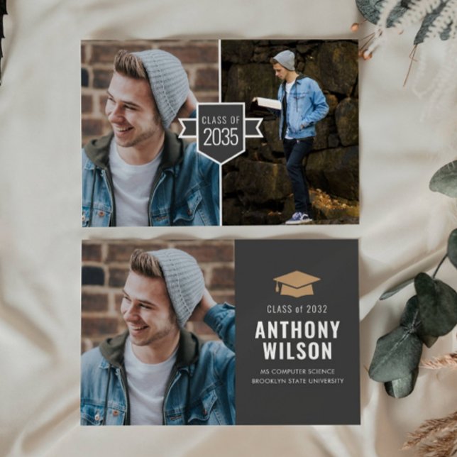 Budget Minimalistisch Gold Grad Cap 3 Foto Abschlu Mitteilungskarte (Von Creator hochgeladen)