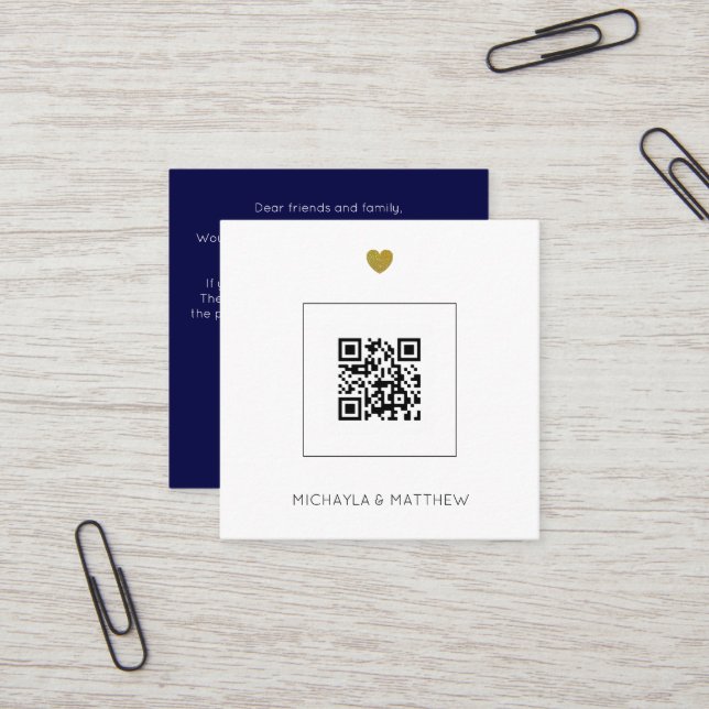 Budget Minimalistisch QR Code Navy Wedding Blue Quadratische Visitenkarte (Vorderseite/Rückseite Beispiel)