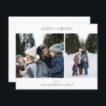 Budget Minimalistisch zwei Foto glückliche Ferien<br><div class="desc">** SATIN PAPIER IST PAPIERTHIN. AKTUALISIEREN SIE DAS PAPIER FÜR EIN BILD, KARTENPAPIER. HAT EINE OPTION FÜR ENVELOPES. *** Rette Geld für Einladungen mit dieser kleineren Einladung, die eine Option für Umschläge hat. Versenden Sie einen Feiertagsjubiläum und eine Verlobung mit Ihren Minimalistischen Zwei-Foto-Happy-Holidays-Karten/Flyern. Eine größere Karte oder mehrere Optionen für...</div>