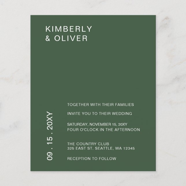 Budget Minimalistische Grüne Hochzeit Einladung (Vorderseite)