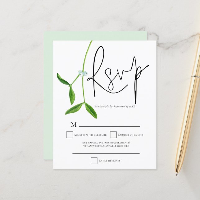 Budget Mistletoe Skript WeihnachtsWedding RSVP (Vorderseite/Rückseite Beispiel)