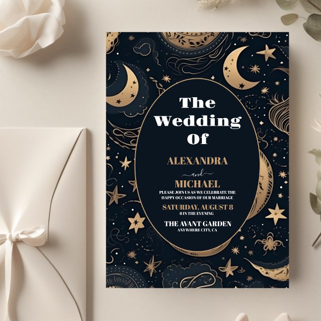 Budget Mitternacht Blue Gold Celestial Wedding Flyer (Von Creator hochgeladen)