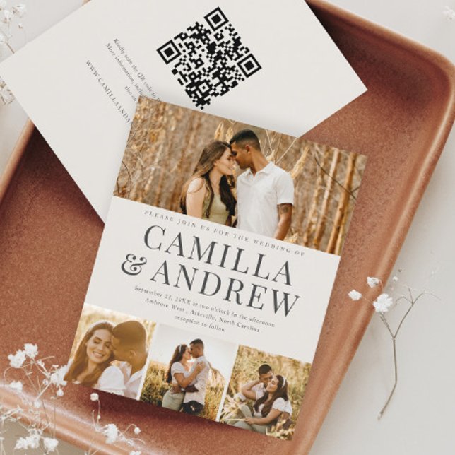 Budget Modern 4 Foto QR Code Hochzeit Einladung (Budget 4 Photo Collage Ivory Wedding Invitation with QR code RSVP on the back.)