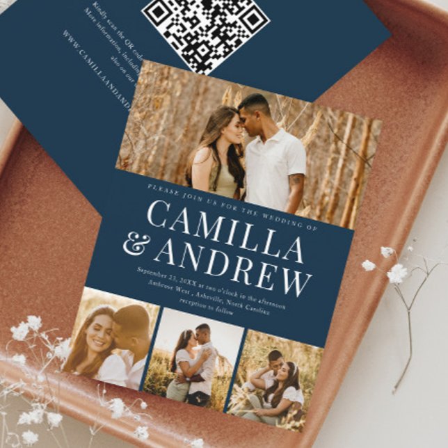 Budget Modern 4 Foto QR Code Hochzeit Einladung (A modern typography 4 photo navy blue wedding invitation with QR Code RSVP on the back.)