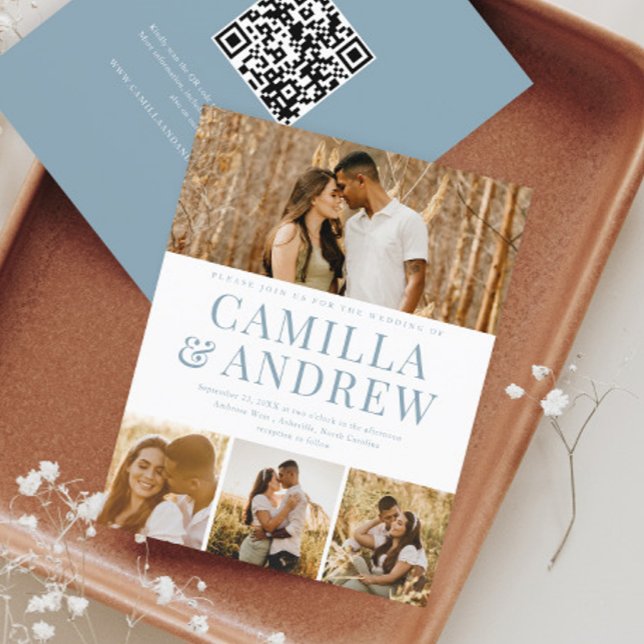 Budget Modern 4 Foto QR Code Hochzeit Einladung (Budget 4 Photo Collage Dusty Blue Wedding Invitation with QR code RSVP on the back.)