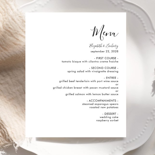 Budget Modern Black Script White Wedding Menu (Von Creator hochgeladen)