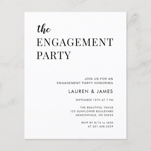 Budget Modern Black & White Engagement Party Flyer (Vorne)