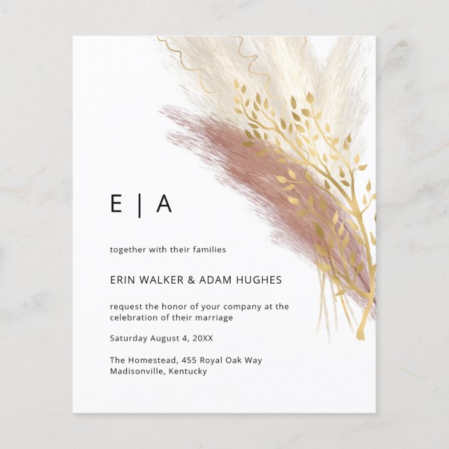 Budget Modern Boho Pink Gold Pampas Grass Flyer (Vorne)