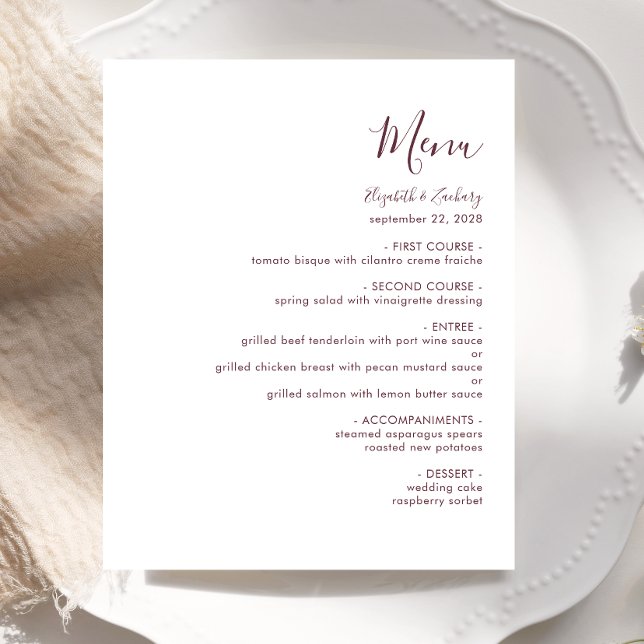 Budget Modern Burgund Script Wedding Menu (Von Creator hochgeladen)