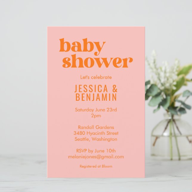 Budget Modern Cute Pink Orange Baby Shower Invite (Stehend Vorderseite)