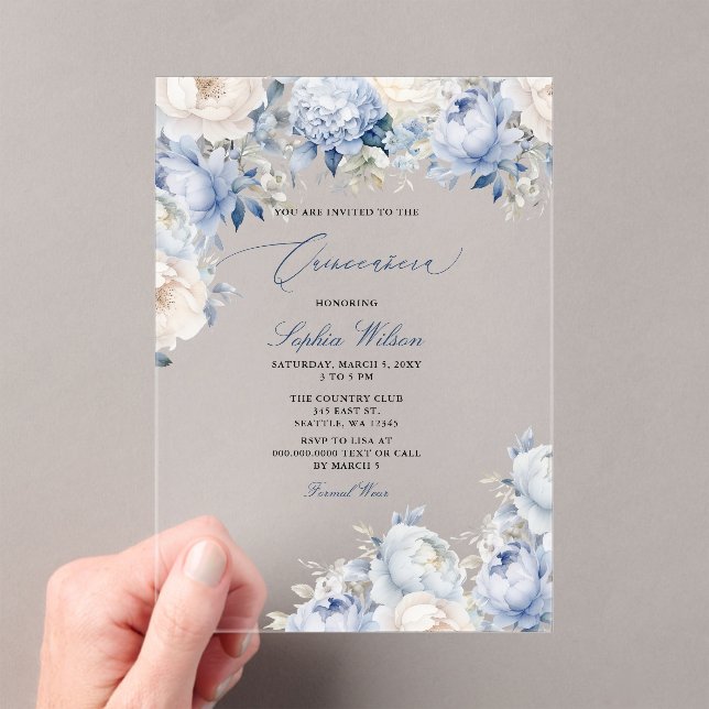 Budget Modern Dusty Blue Floral Quinceañera Acryleinladungen (Insitu (Handheld))
