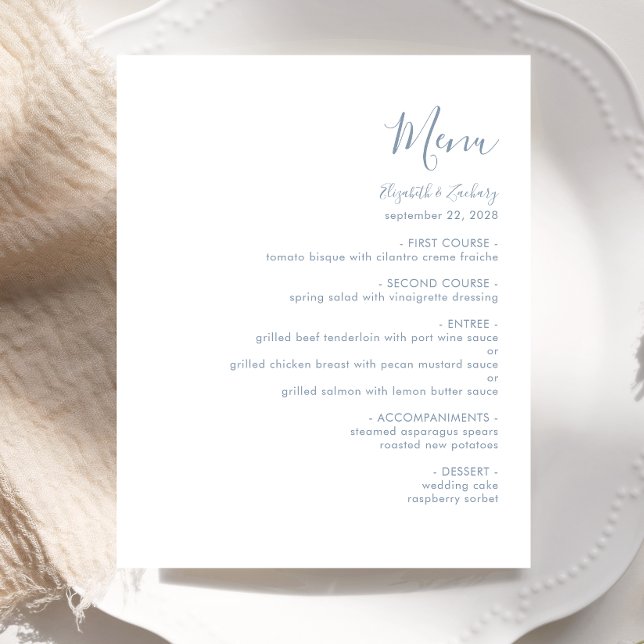 Budget Modern Dusty Blue Script Wedding Menu (Von Creator hochgeladen)