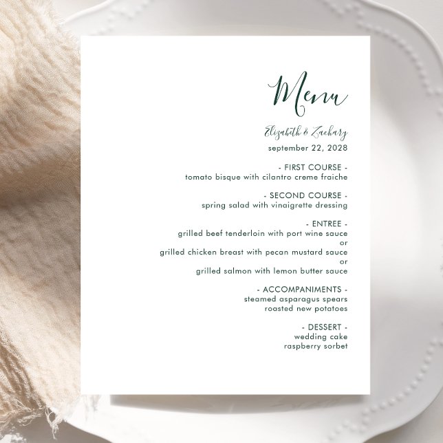 Budget Modern Emerald Green Script Wedding Menu (Von Creator hochgeladen)