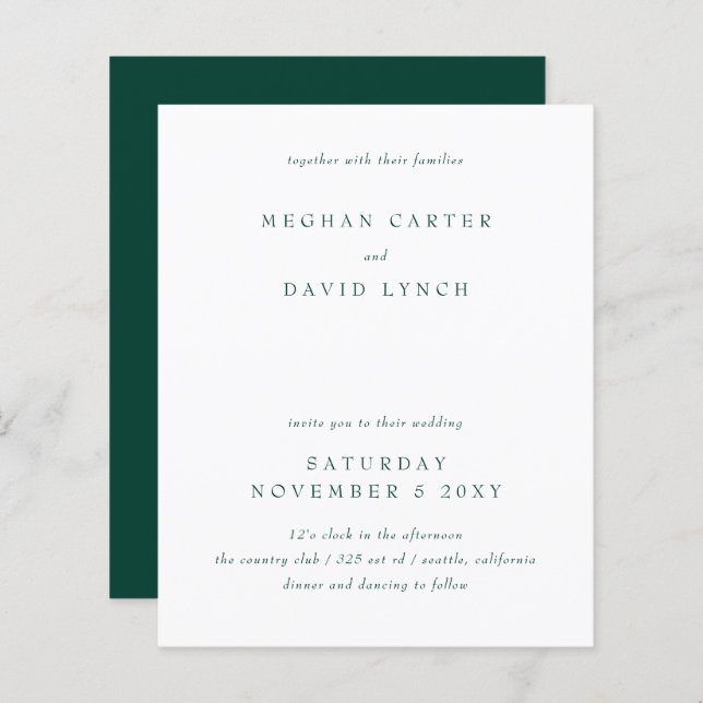 Budget Modern Emerald Green Wedding Einladung (Vorne/Hinten)