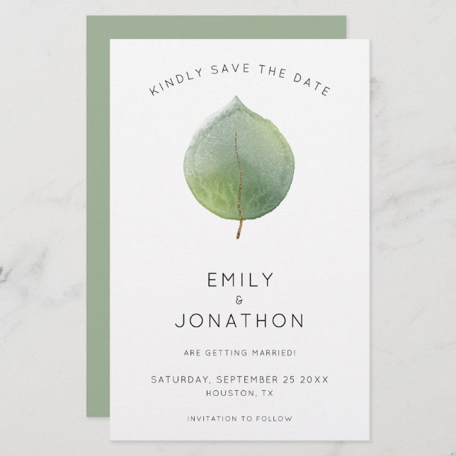 Budget Modern Eukalyptus Leaf groß Save the Date (Vorne/Hinten)