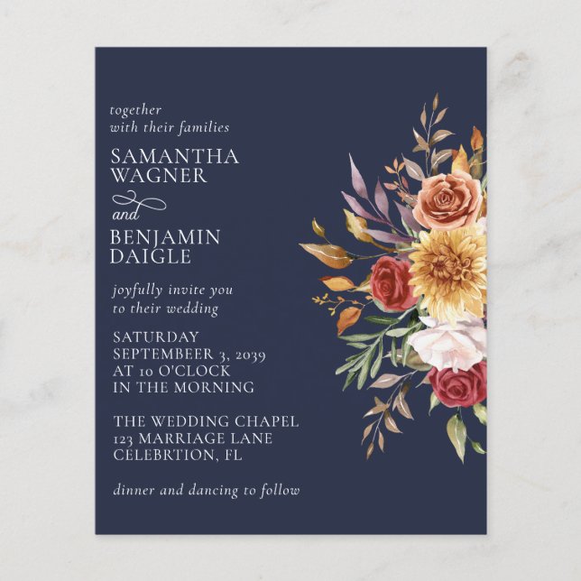 Budget Modern Fall Floral Navy Blue Hochzeit (Vorderseite)
