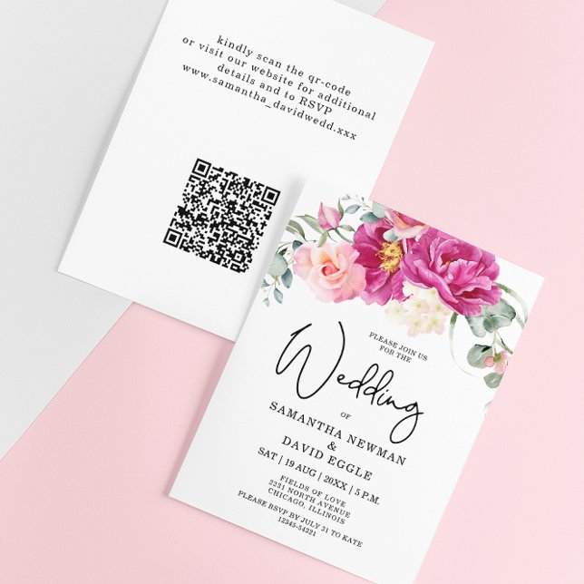 Budget Modern Fuchsia Pink Floral QR Code Hochzeit (Von Creator hochgeladen)