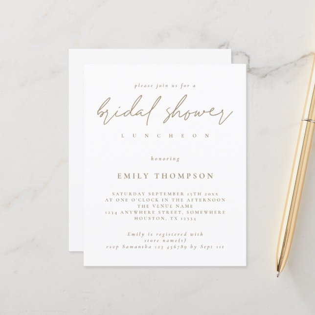 Budget Modern Gold Script Bridal Dusche Einladung (Vorderseite/Rückseite Beispiel)