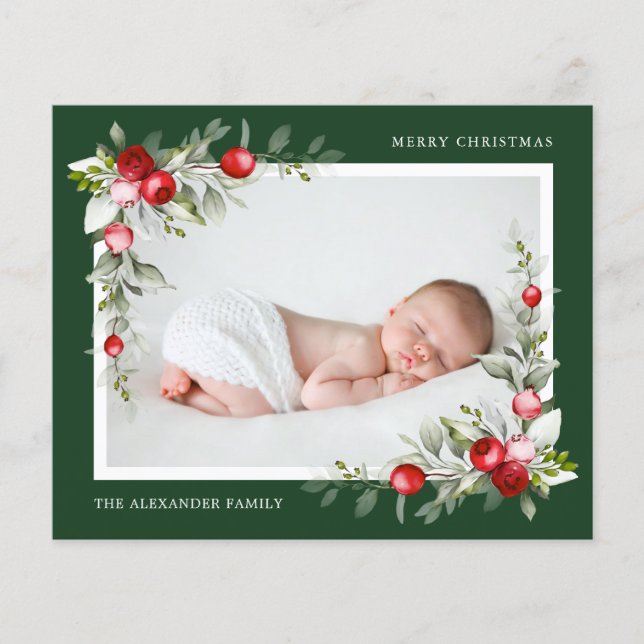 Budget Modern Holly Berry Greenery Foto Weihnachte Flyer (Vorne)