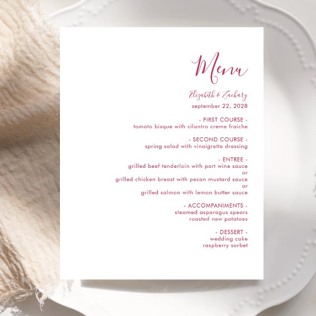 Budget Modern Magenta Script Wedding Menu (Von Creator hochgeladen)