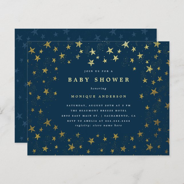 Budget Modern Midnight Blue Stars Baby Dusche (Vorne/Hinten)