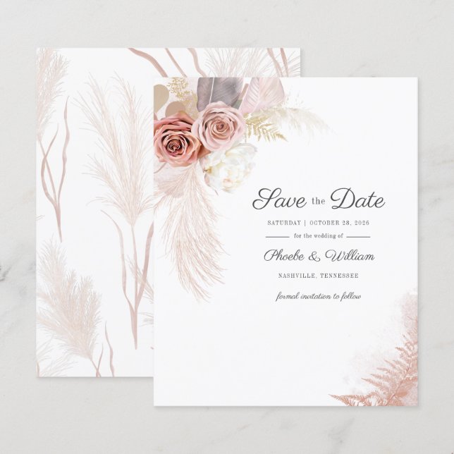 Budget Modern Pampas Grass Floral Save the Date (Vorne/Hinten)