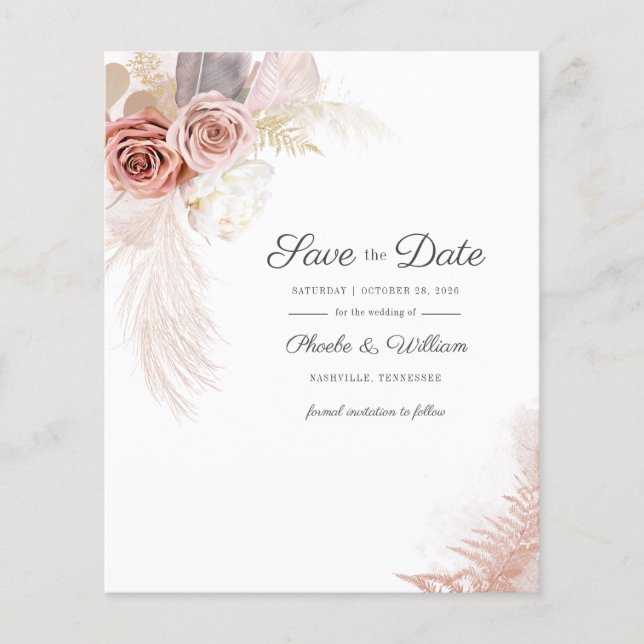 Budget Modern Pampas Grass Floral Save the Date Flyer (Vorne)
