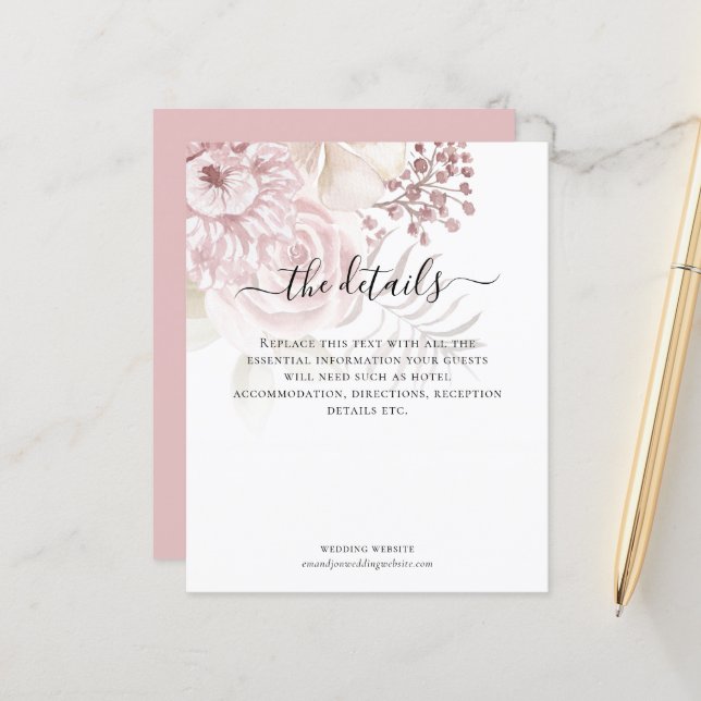 Budget Modern Pink Florals Skript Hochzeitsdetails (Vorderseite/Rückseite Beispiel)