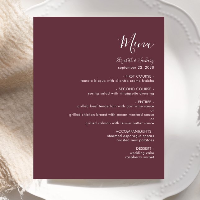 Budget Modern Script Burgundy Wedding Menu (Von Creator hochgeladen)
