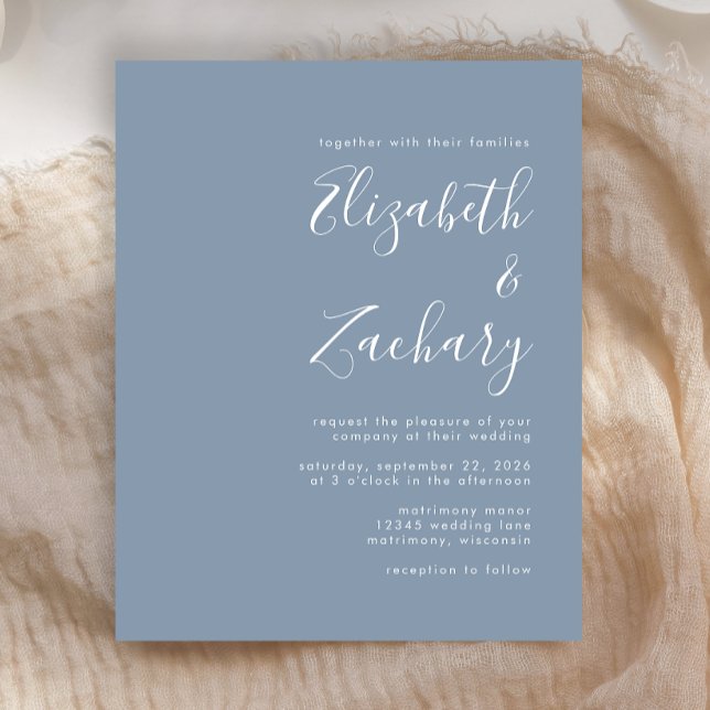Budget Modern Script Dusty Blue Wedding Einladung (Von Creator hochgeladen)