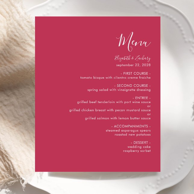 Budget Modern Script Magenta Wedding Menu (Von Creator hochgeladen)