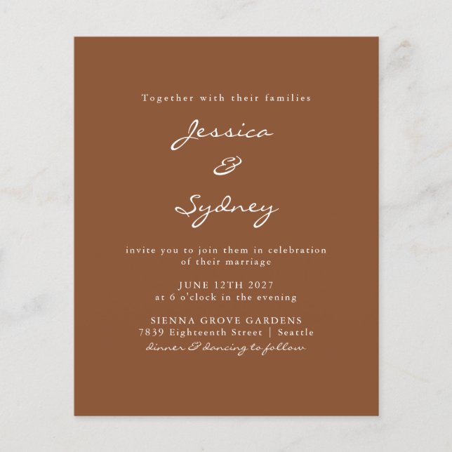 Budget Modern Sienna Script Einladung Hochzeit (Vorderseite)