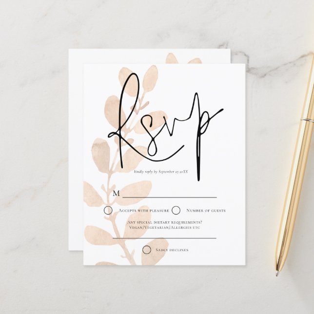 Budget Moderne Blätter Script Wedding RSVP (Vorderseite/Rückseite Beispiel)
