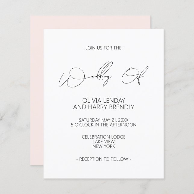 Budget Moderne Blush Pink White Wedding Einladung (Vorne/Hinten)