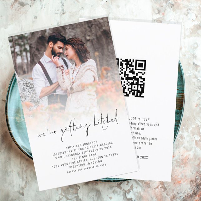 Budget Moderne Foto Overlay QR-Code Hochzeit einla (Front and back view, budget price larger size alternative)